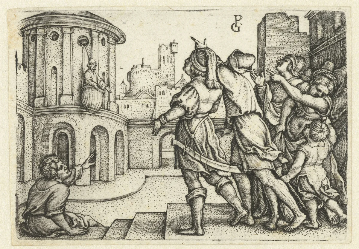 Vergilius in de mand opgehesen en bespot door mensen by Unknown, print, 1541-1542