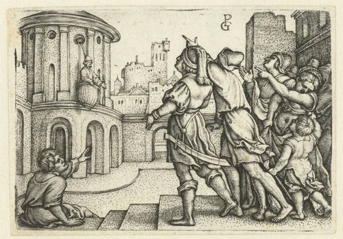Vergilius in de mand opgehesen en bespot door mensen by Unknown, print, 1541-1542