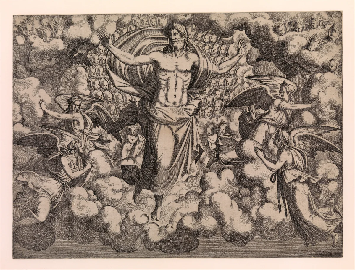 The Apostles Looking at Christ and the Virgin in a Glory of Angels (top right plate) by Léon Davent, print, 1546