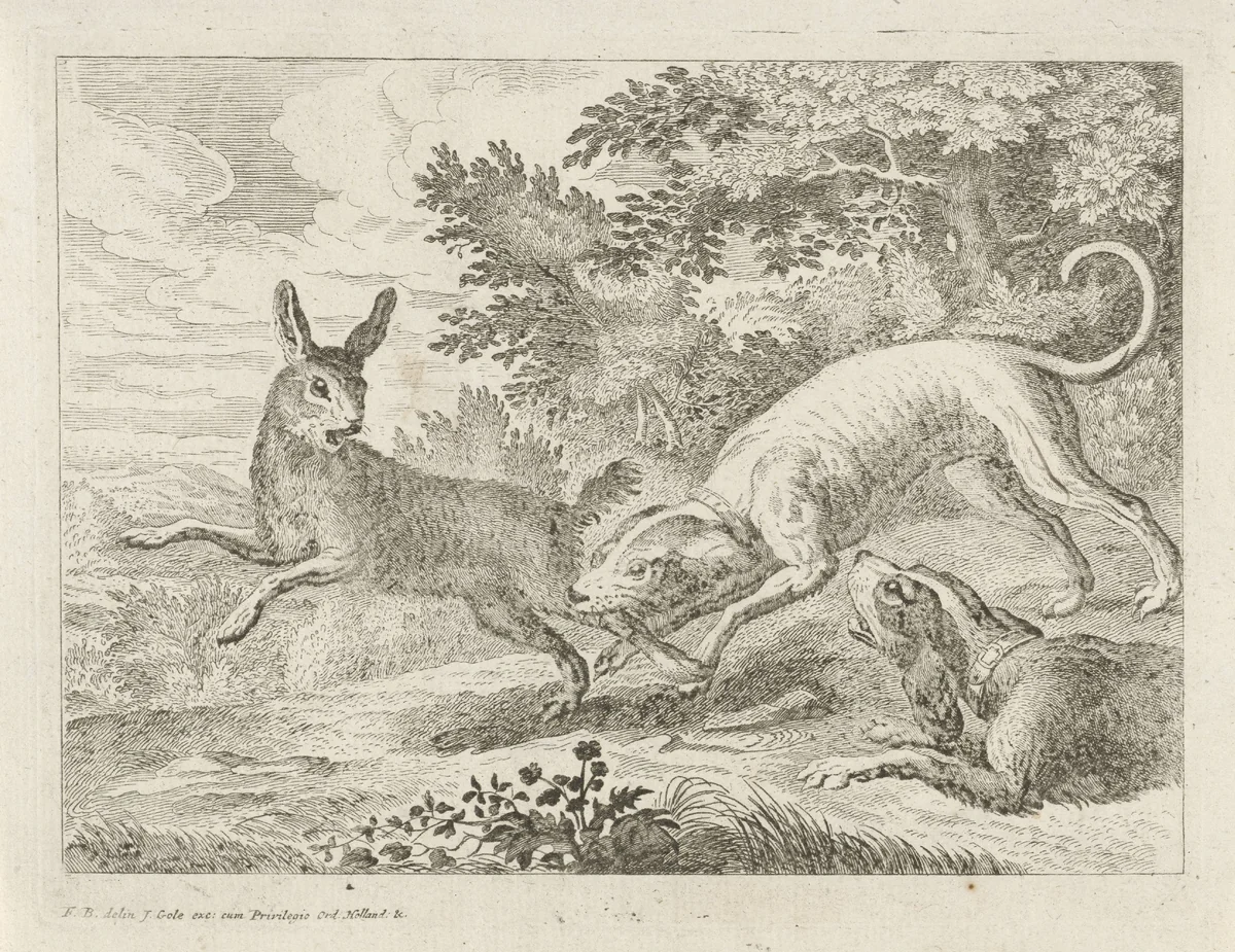 Jacht op een haas by Jacob Gole, print, 1680-1723