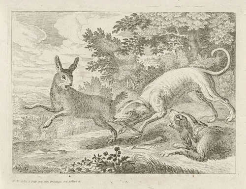 Jacht op een haas by Jacob Gole, print, 1680-1723