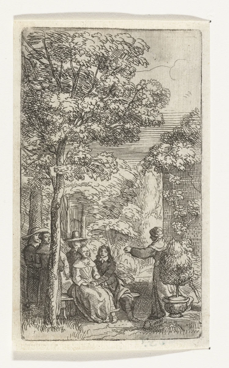 Liefdespaar zittend in een tuin by Samuel van Hoogstraten, print, 1648-1650