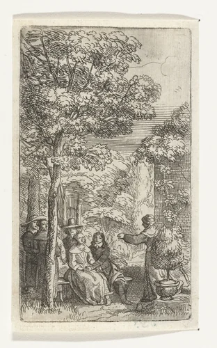 Liefdespaar zittend in een tuin by Samuel van Hoogstraten, print, 1648-1650