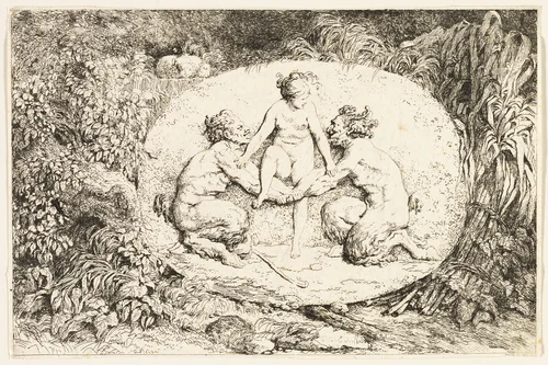 Nymph Sitting on the Hands of Two Satyrs from Bacchanales, or Satyrs' Games by Jean Honoré Fragonard, print, 1763