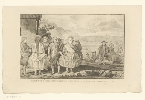 Figuren in klederdracht op het eiland La Conception bij Chili, mogelijk tegenwoordig het eiland Santa Maria by anonymous, print, 1801