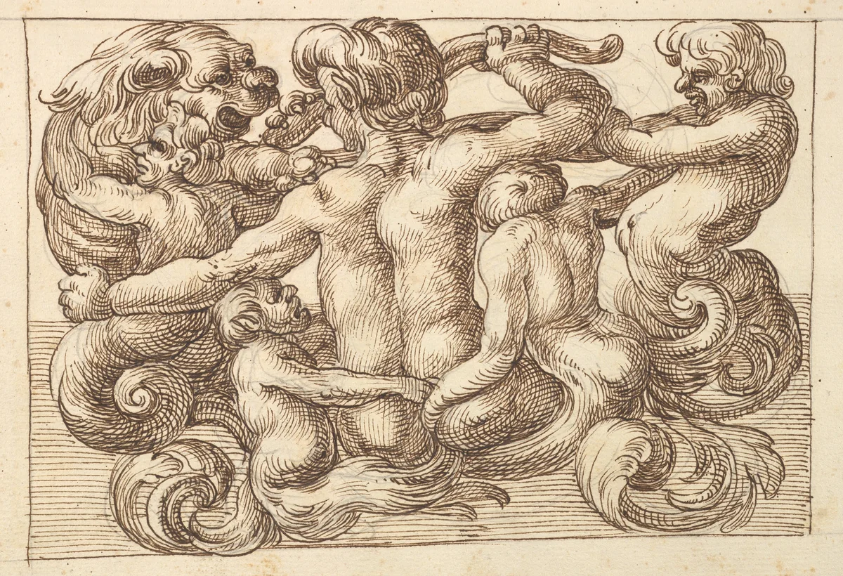 Horizontal Panel Design with Five Hybrid Creatures and a Lion. by anonymous, drawing, 1600-1650