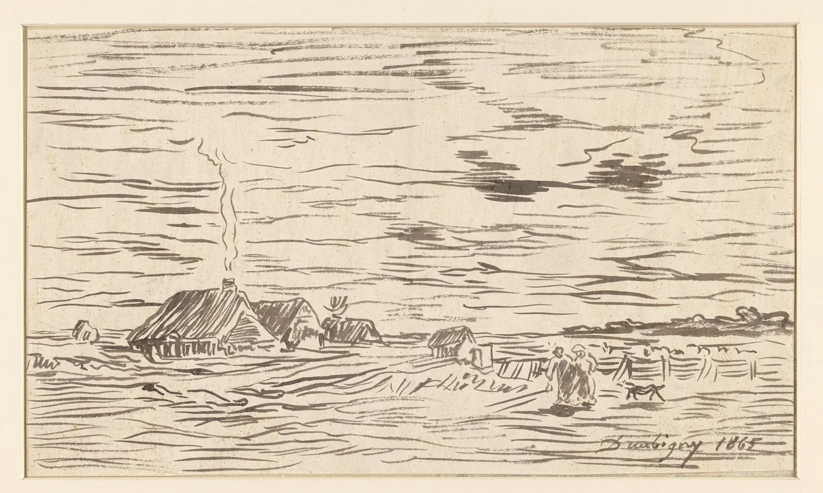 Boerenhuizen in vlak land by Charles-François Daubigny, drawing, 1865