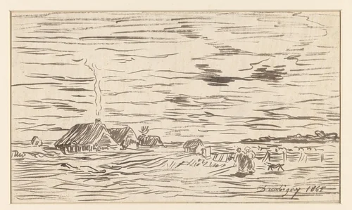 Boerenhuizen in vlak land by Charles-François Daubigny, drawing, 1865