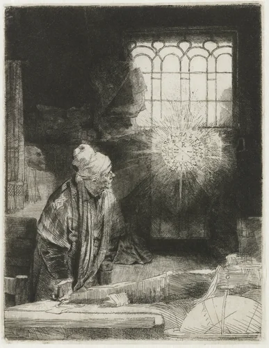 A scholar in his study by Rembrandt van Rijn, print, 1652
