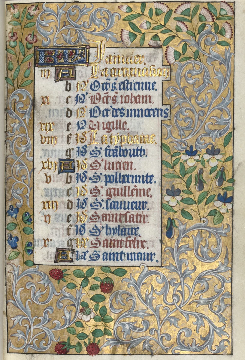 Book of Hours (Use of Rouen): fol. 1r, Calendar Page for January by Master of the Geneva Latini, book, 1465-1475