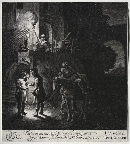 The Good Samaritan Paying the Innkeeper by Jan van de Velde, print, 1615-1641