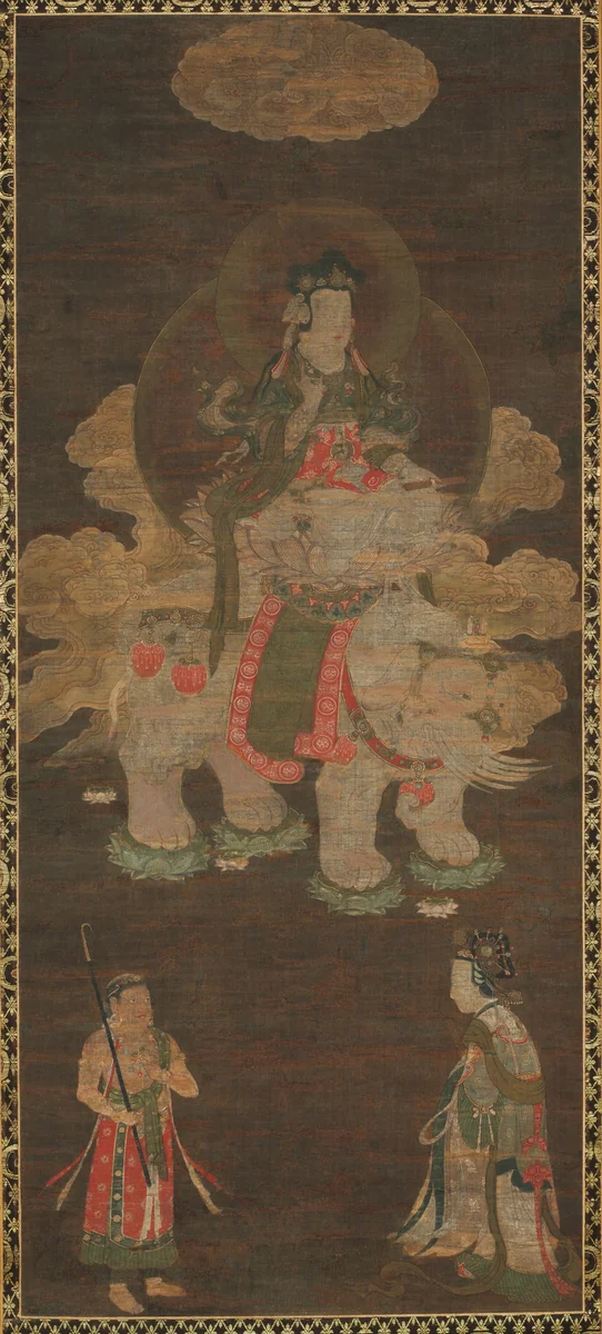 Shakyamuni Triad: Buddha Attended by Manjushri and Samantabhadra (Bodhisattva with Elephant) by Unknown, painting, 1350-1368