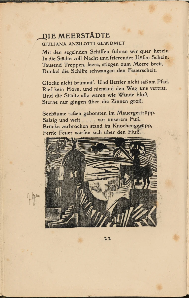 Die Meerstädte (The Sea Cities) (in-text plate) from mock-up of Georg Heym: Umbra Vitae (Georg Heym: Shadow of Life) by Ernst Ludwig Kirchner, volume, 1912-1922