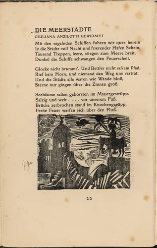Die Meerstädte (The Sea Cities) (in-text plate) from mock-up of Georg Heym: Umbra Vitae (Georg Heym: Shadow of Life) by Ernst Ludwig Kirchner, volume, 1912-1922