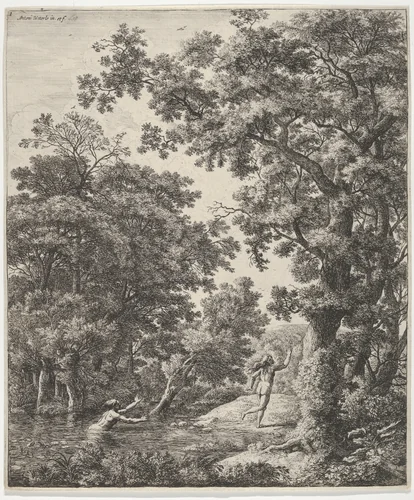 Landscape with Alpheus and Arethusa, from the Series of Six Mythological Scenes by Anthonie Waterloo, print, 1600-1699