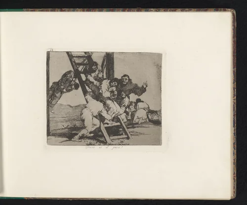 Geknevelde man wordt een galg op geholpen by Francisco de Goya, book, 1810-1820