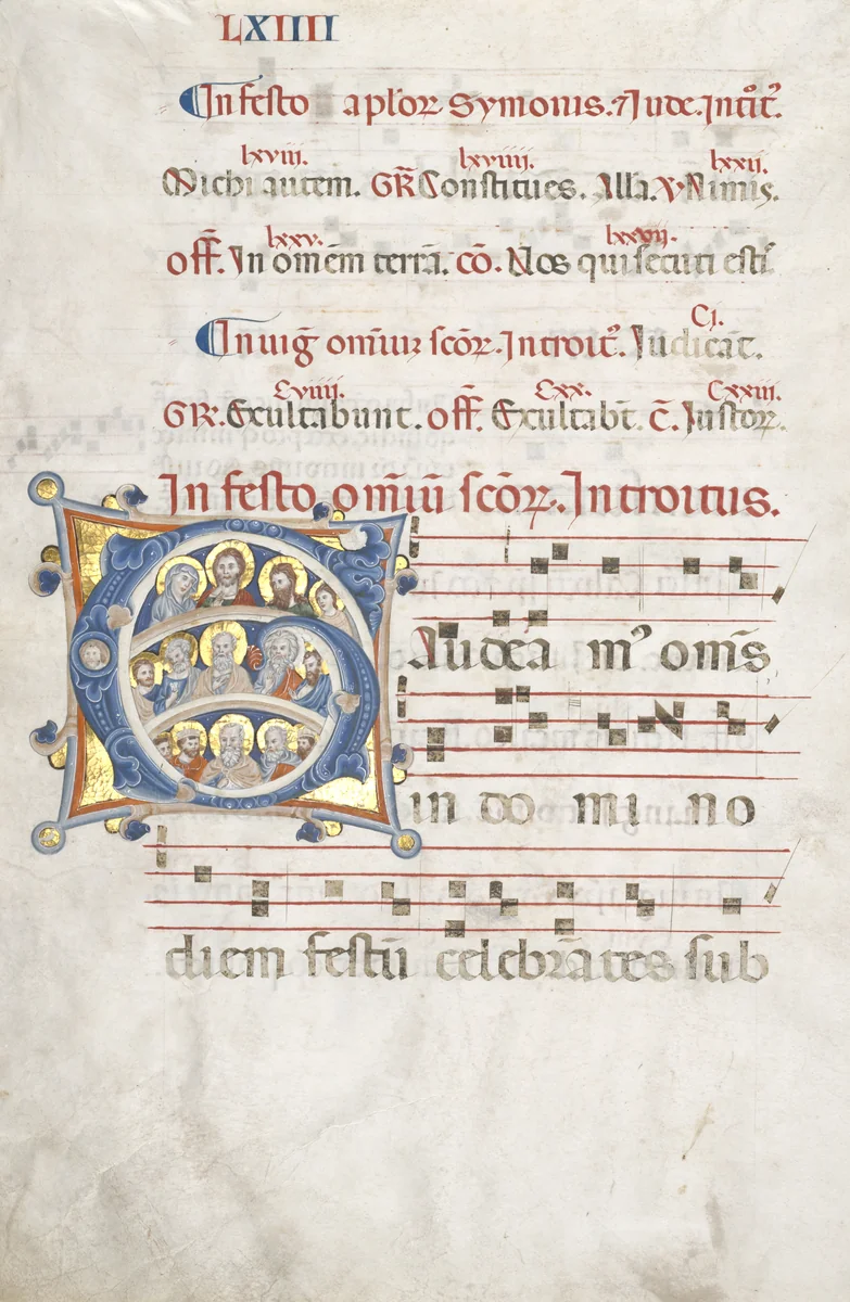 Bifolio from a Gradual: Initial (G) with Christ, the Virgin, and Apostles and Initial (O) (recto) by Unknown, manuscript, 1295-1305