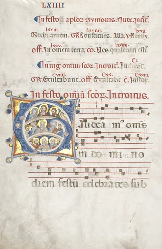 Bifolio from a Gradual: Initial (G) with Christ, the Virgin, and Apostles and Initial (O) (recto) by Unknown, manuscript, 1295-1305