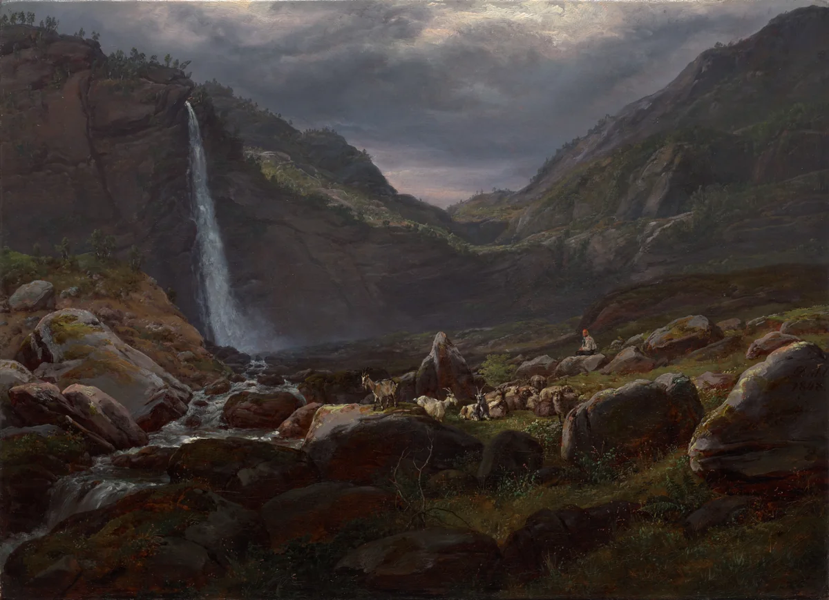 Feige Waterfall (Feigefossen), Lysterfjord, Norway by Johan Christian Clausen Dahl, painting, 1848