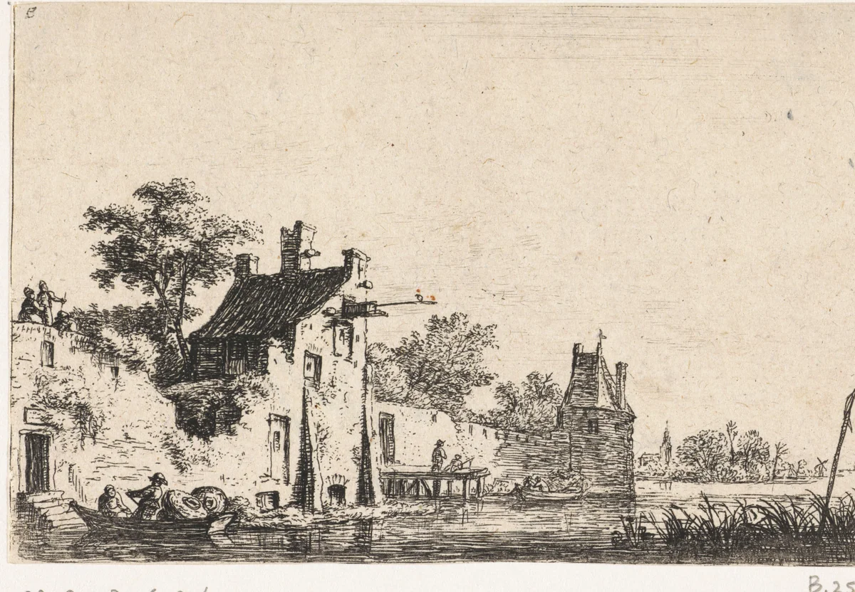 Stadsmuur aan het water by Anthonie Waterloo, print, 1630-1663