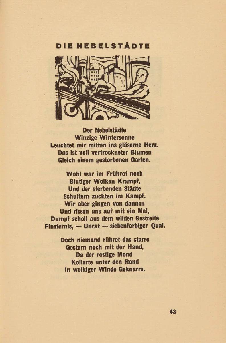 Die Nebelstädte (The Misty Cities) (headpiece, page 43) from Georg Heym: Umbra Vitae (Georg Heym: The Shadow of Life) by Ernst Ludwig Kirchner, volume, 1924