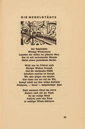 Die Nebelstädte (The Misty Cities) (headpiece, page 43) from Georg Heym: Umbra Vitae (Georg Heym: The Shadow of Life) by Ernst Ludwig Kirchner, volume, 1924
