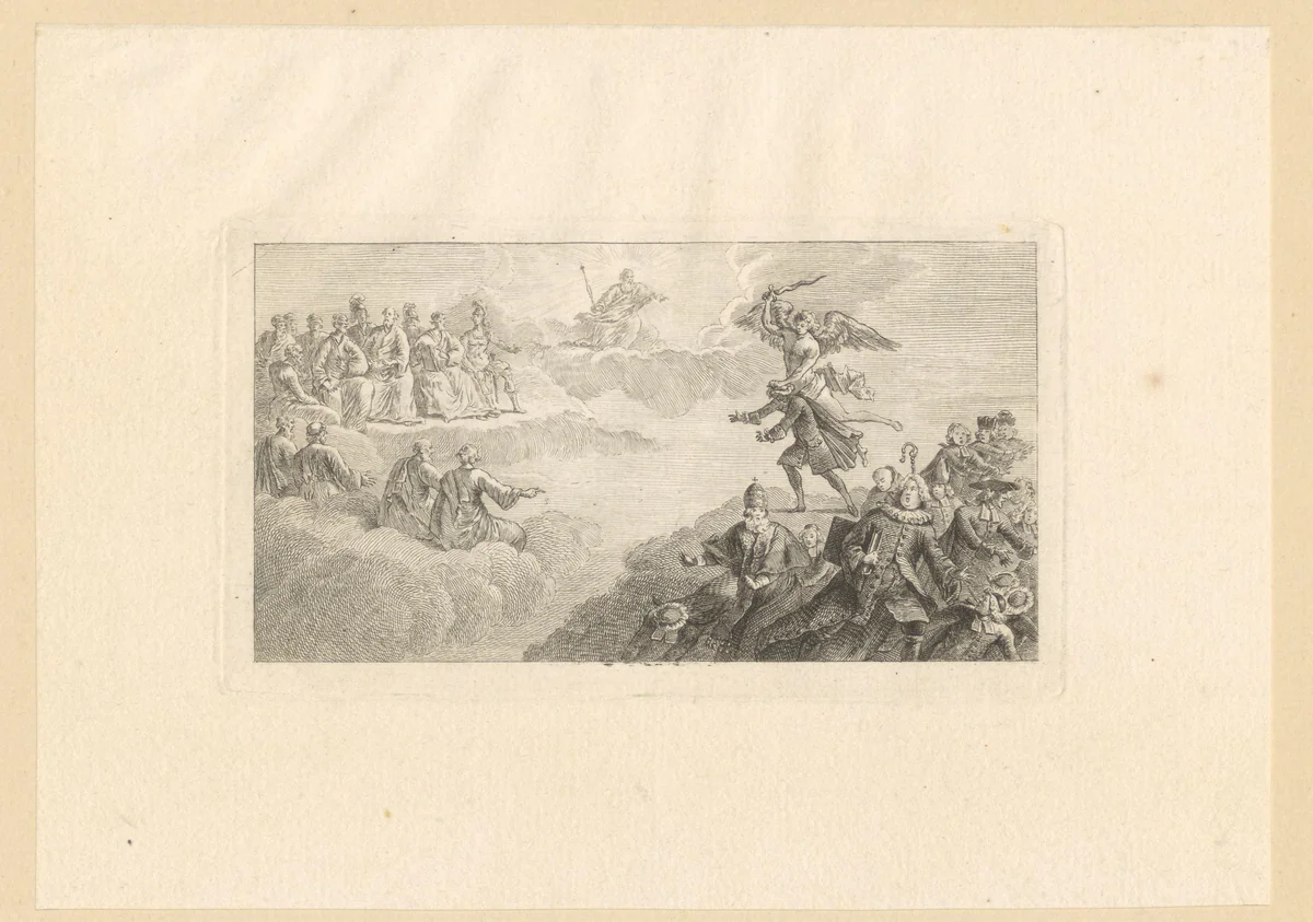 Aartsengel Michaël drijft heiligen van berg af, God tussen heiligen kijkt toe by Georg Friedrich Schmidt, print, 1774
