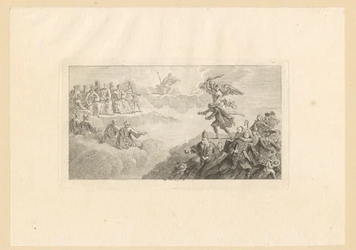 Aartsengel Michaël drijft heiligen van berg af, God tussen heiligen kijkt toe by Georg Friedrich Schmidt, print, 1774