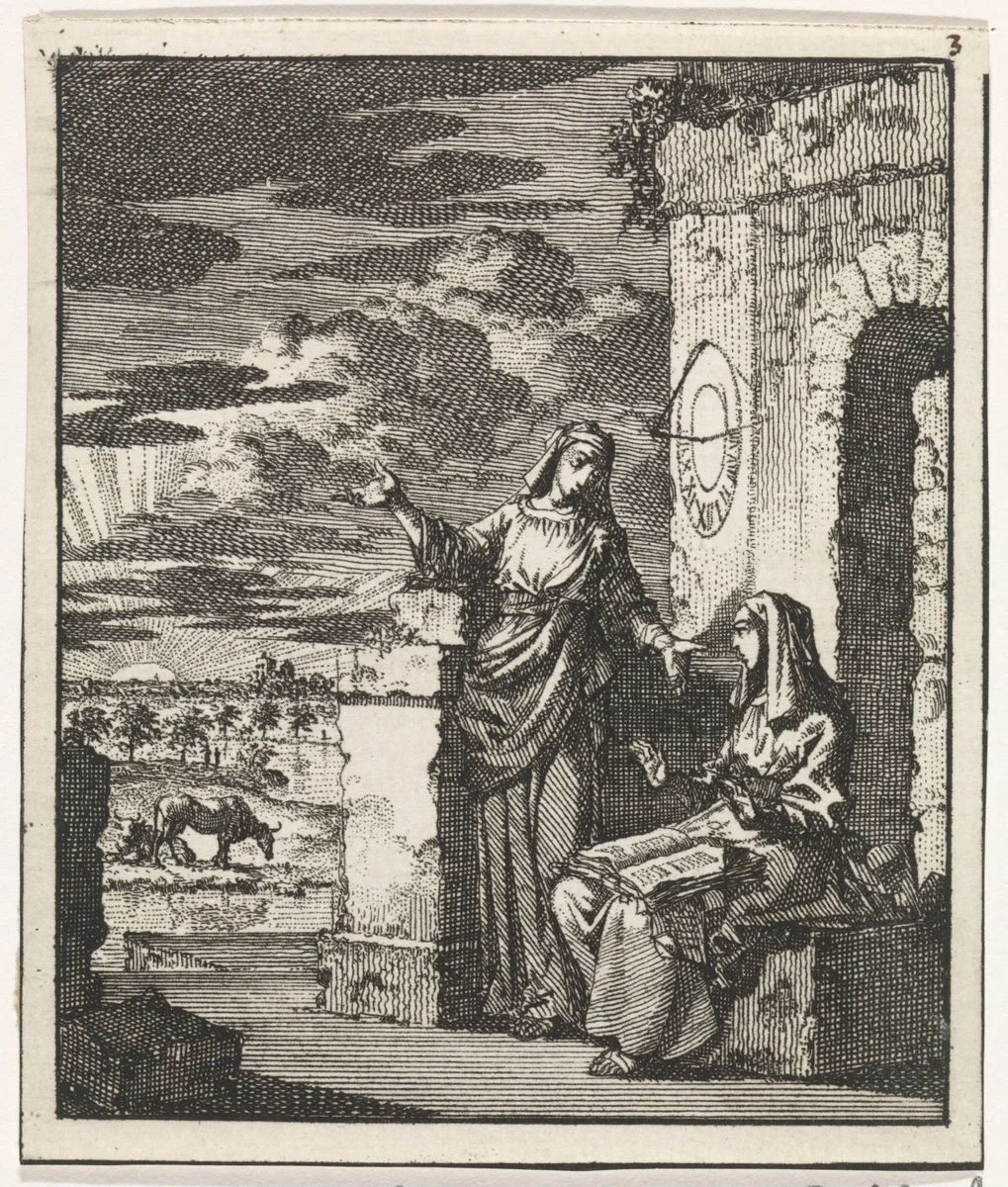 Twee vrouwen aanschouwen bij een zonnewijzer de zonsondergang by Jan Luyken, print, 1704