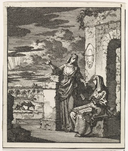 Twee vrouwen aanschouwen bij een zonnewijzer de zonsondergang by Jan Luyken, print, 1704