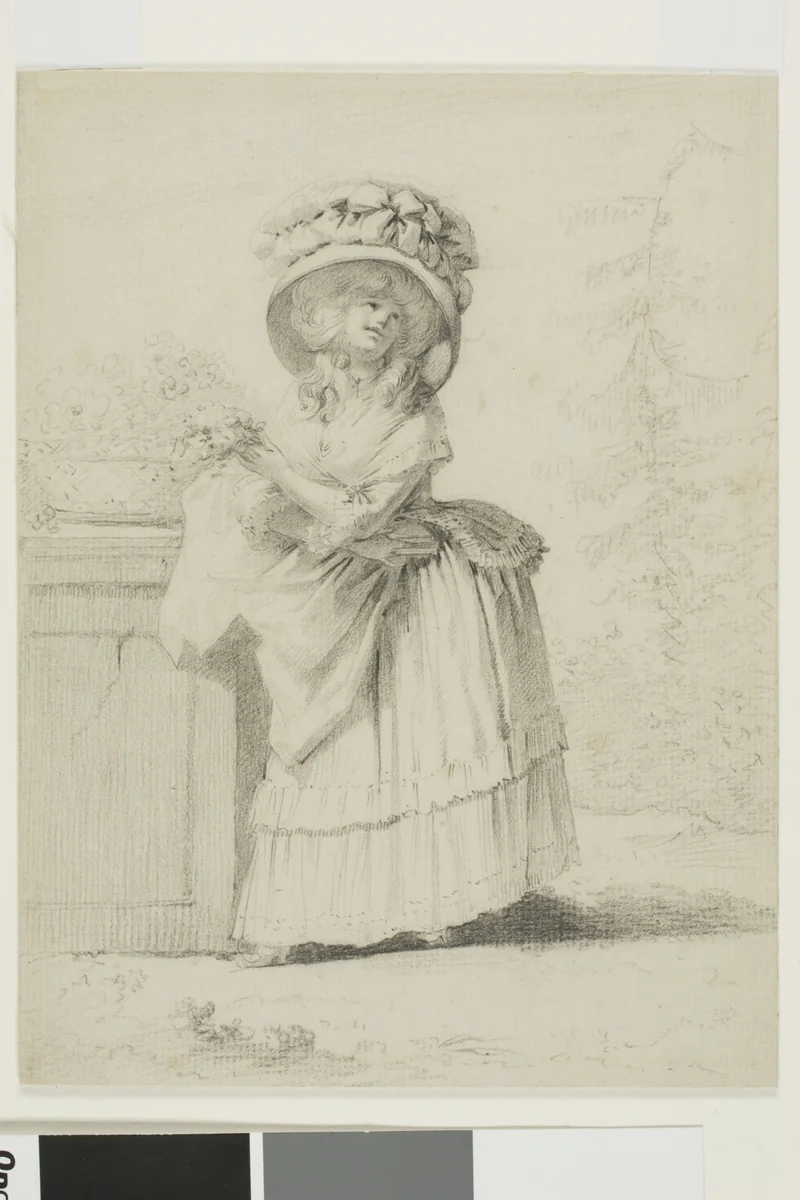 An Elegant Young Woman in a Garden by Alexandre Moitte, drawing, 1780-1790