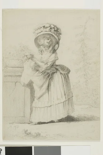 An Elegant Young Woman in a Garden by Alexandre Moitte, drawing, 1780-1790