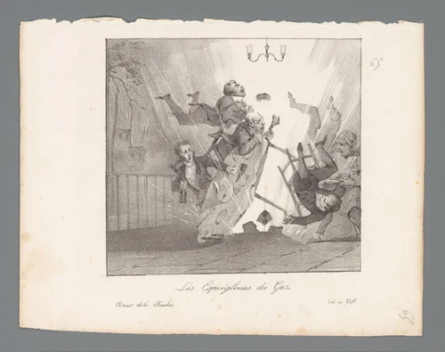Mensen vallen om na gasontploffing van een lamp by anonymous, print, 1821-1823