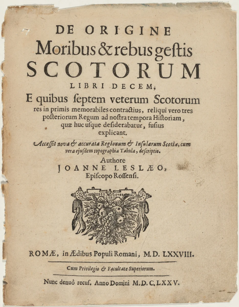 Title Page to De Origine Moribus by Joanne Leslaeo by Unknown 19th Century, print, 1675
