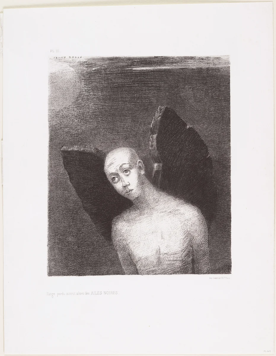 The Lost Angel Then Opened Black Wings (L'Ange perdu ouvrit alors des ailes noires) by Odilon Redon, print, 1886