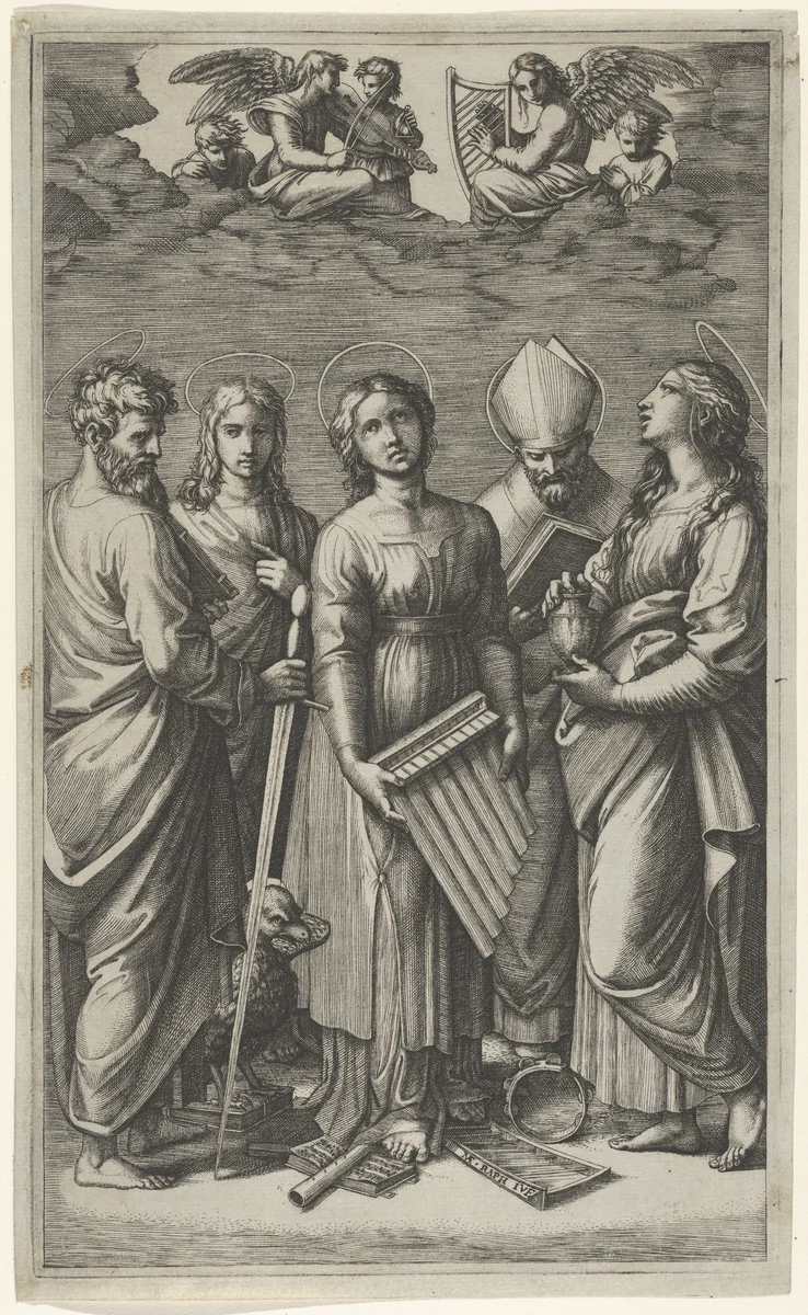 St Cecilia holding an organ, flanked by St Paul, St John the Evangelist, St Augustine and Mary Magdalen, musical angels above by Marcantonio Raimondi, print, 1500-1534