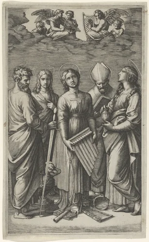 St Cecilia holding an organ, flanked by St Paul, St John the Evangelist, St Augustine and Mary Magdalen, musical angels above by Marcantonio Raimondi, print, 1500-1534