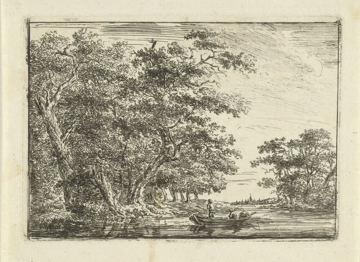 Vissers in bootje aan bosrijke oever by Hermanus van Brussel, print, 1800-1815