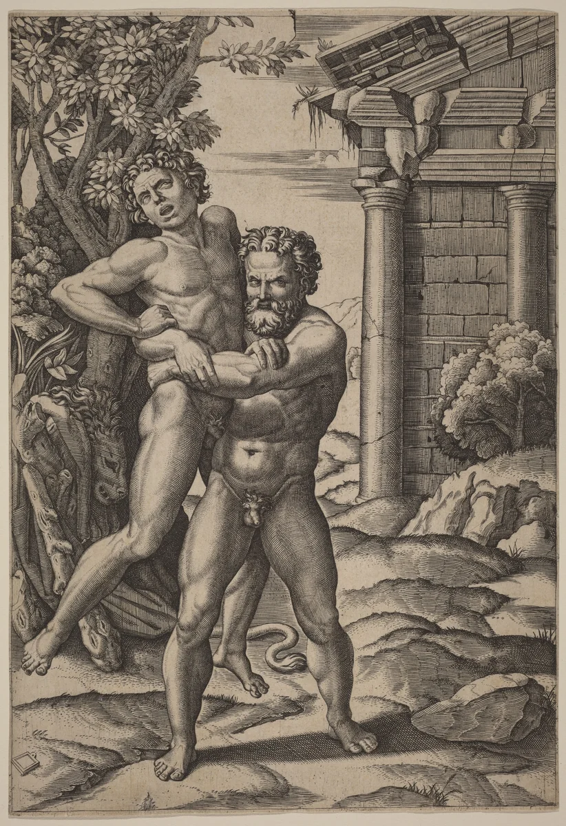 Hercules and Antaeus by Marcantonio Raimondi, print, 1515-1525