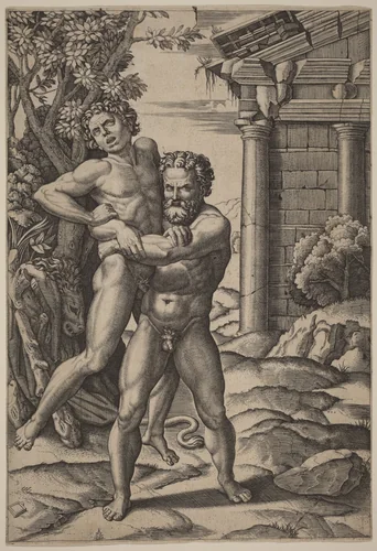 Hercules and Antaeus by Marcantonio Raimondi, print, 1515-1525