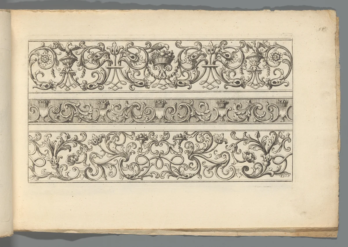 Drie ornamentele friezen met loofwerk en vogels by Abraham Helmhack, print, 1664-1724