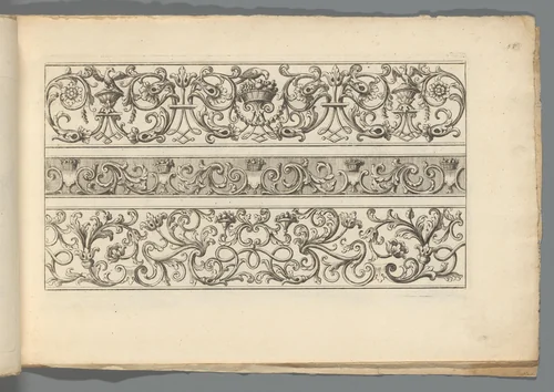 Drie ornamentele friezen met loofwerk en vogels by Abraham Helmhack, print, 1664-1724