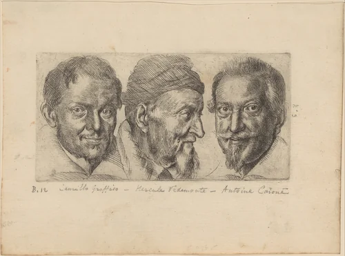 Three portraits possibly representing Camillo Graffico, Ercole Pedemonte and Antonio Carone by Ottavio Leoni, print, 1615-1635