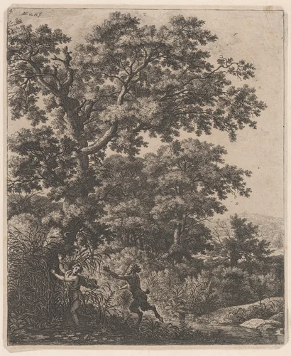 Pan and Syrinx by Anthonie Waterloo, print, 1620-1690