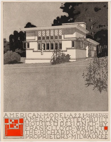 American System-Built Houses for The Richards Company project (Perspective of model A221) by Frank Lloyd Wright, architecture, 1915