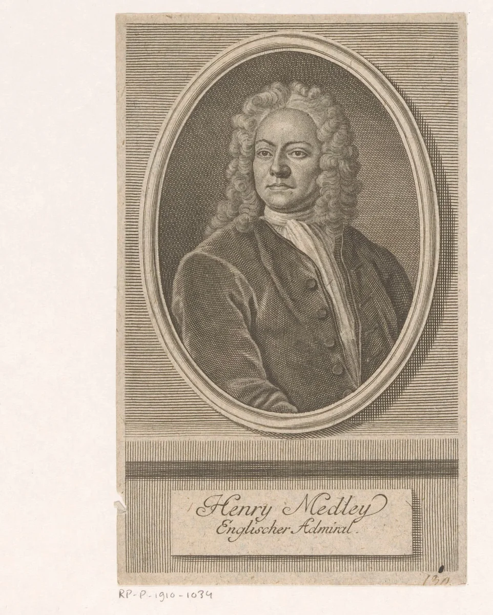 Portret van Henry Medley by Johann Martin Bernigeroth, print, 1746