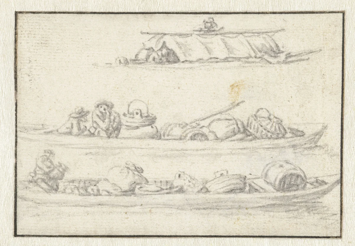 Drie beladen schuiten by Herman Saftleven, drawing, 1619-1685