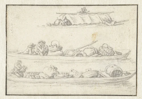 Drie beladen schuiten by Herman Saftleven, drawing, 1619-1685