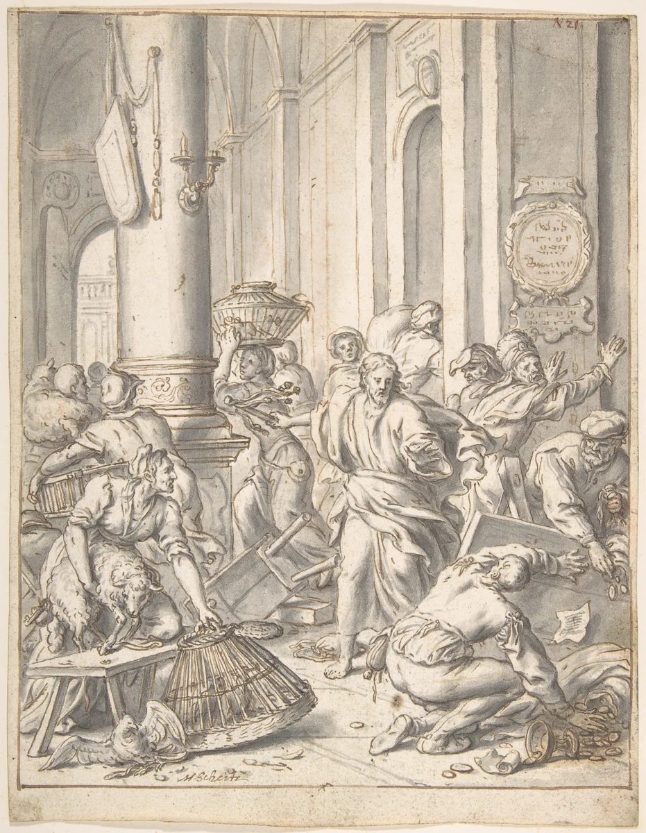 Christ Driving the Money Changers from the Temple by Matthias Scheits, drawing, 1660-1675
