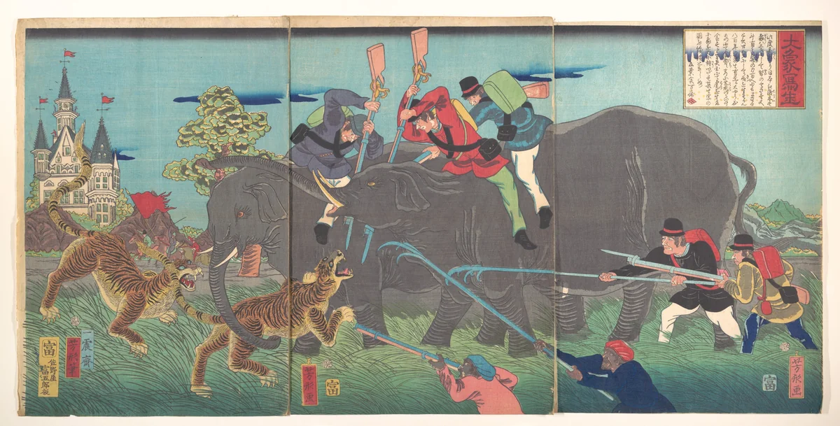 Big Elephants Being Attacked by Isshinsai Yoshikata, print, 1863
